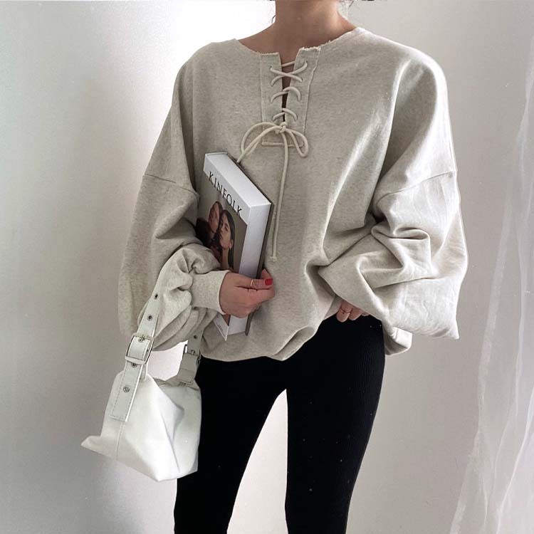 トレーナー レディース スウェット トップス レースアップ ランタンスリーブ ボリューム袖 ゆったり おしゃれ 春 秋 Dazzle ダズル