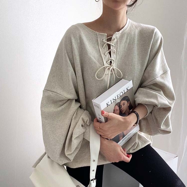 トレーナー レディース スウェット トップス レースアップ ランタンスリーブ ボリューム袖 ゆったり おしゃれ 春 秋 Dazzle ダズル