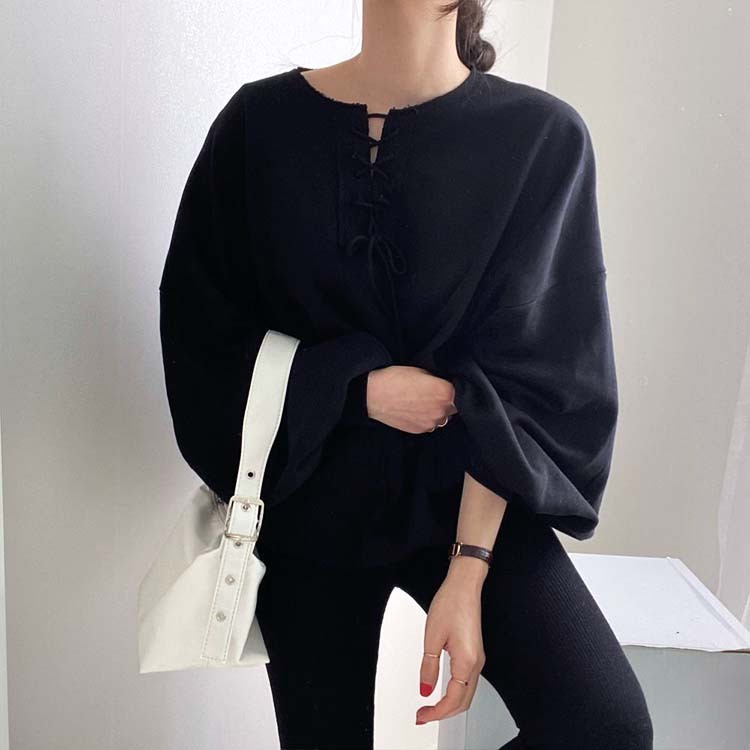 トレーナー レディース スウェット トップス レースアップ ランタンスリーブ ボリューム袖 ゆったり おしゃれ 春 秋 Dazzle ダズル