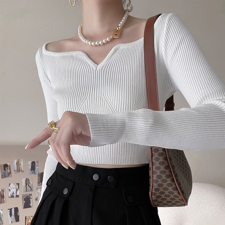 ニットレディース トップス ショート丈 長袖 デコルテ見せ フィット エレガント オフィス OL おしゃれ Dazzle ダズル