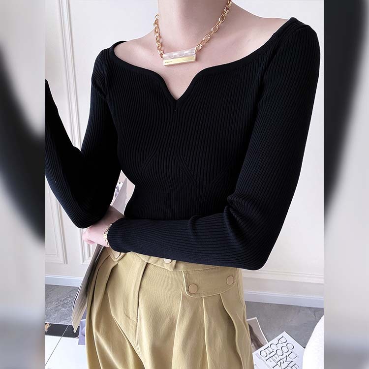 ニットレディース トップス ショート丈 長袖 デコルテ見せ フィット エレガント オフィス OL おしゃれ Dazzle ダズル