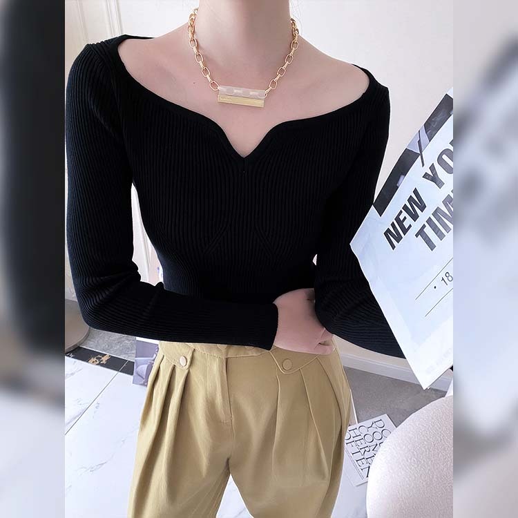 ニットレディース トップス ショート丈 長袖 デコルテ見せ フィット エレガント オフィス OL おしゃれ Dazzle ダズル