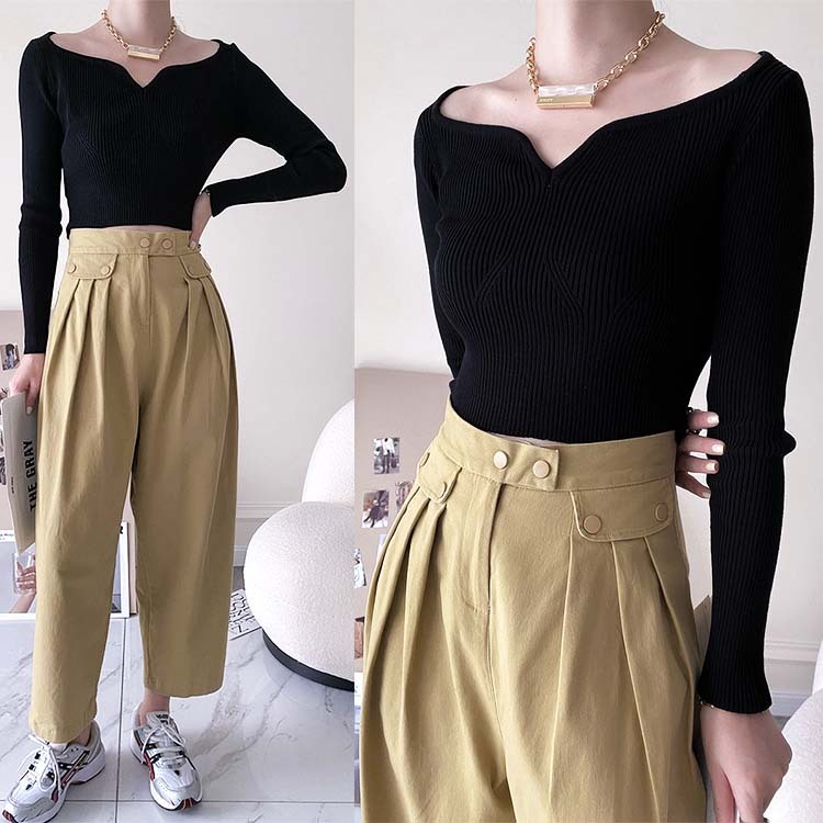 ニットレディース トップス ショート丈 長袖 デコルテ見せ フィット エレガント オフィス OL おしゃれ Dazzle ダズル