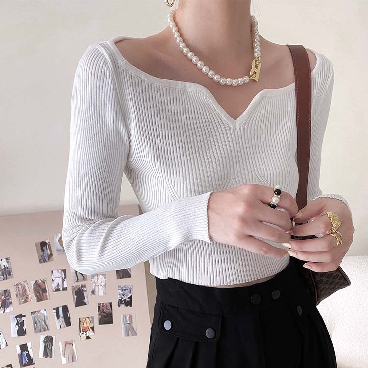 ニットレディース トップス ショート丈 長袖 デコルテ見せ フィット エレガント オフィス OL おしゃれ Dazzle ダズル