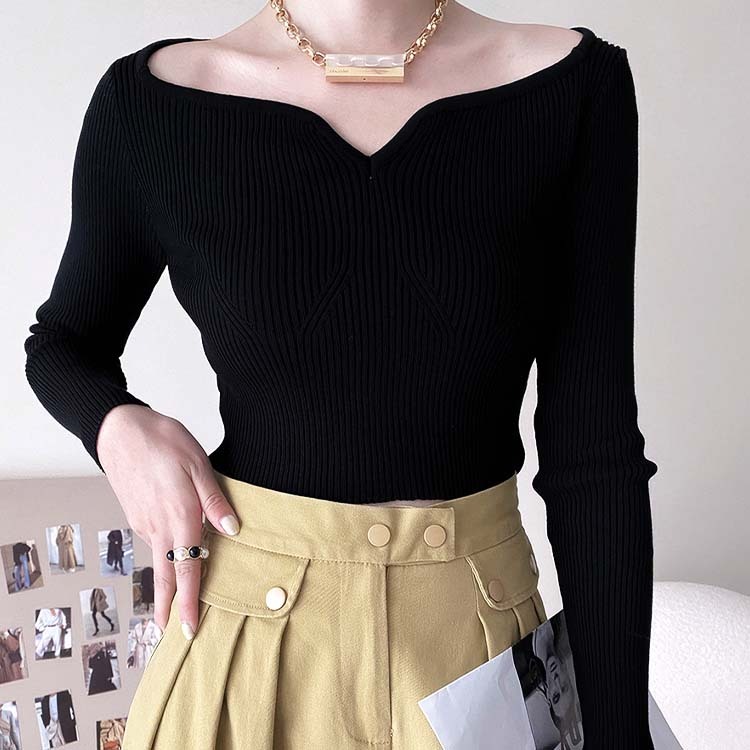 ニットレディース トップス ショート丈 長袖 デコルテ見せ フィット エレガント オフィス OL おしゃれ Dazzle ダズル