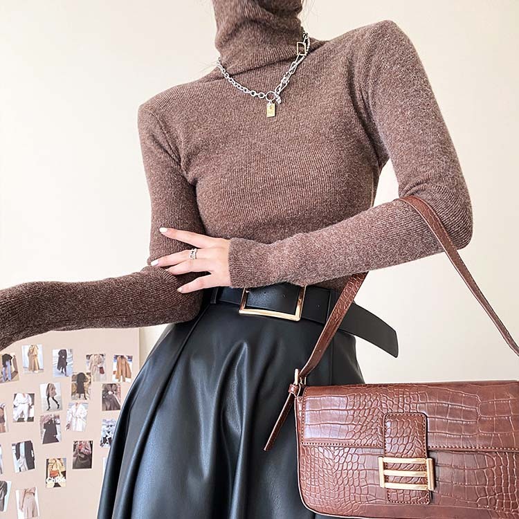 ハイネックニット レディース トップス ストレッチ フィット リブ編み リブニット 定番 無地 ジョイフィール joyfeel