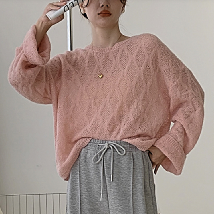 ニット レディース シースルー トップス 長袖 シアーニット ゆったり クルーネック おしゃれ 春ニット 春 オーバーサイズ セーター ローゲージ  ジョイフィール joyfeel