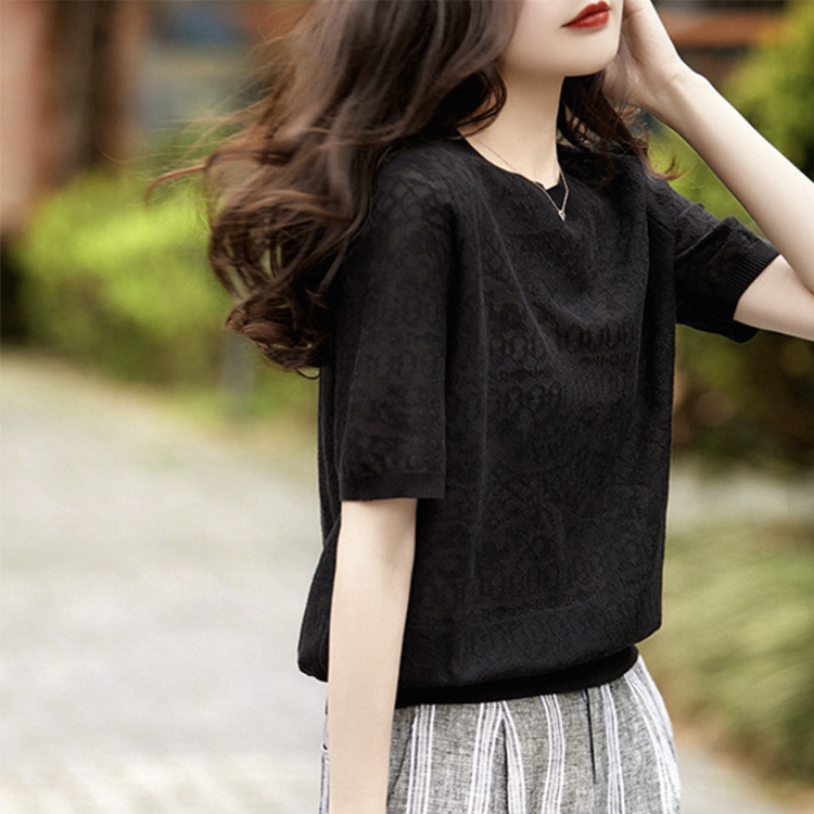 トップス レディース Tシャツ 半袖 すけ感 クルーネック ジャガード 柄 模様 エレガント きれいめ シアーTシャツ 春 夏 おしゃれ 通勤 OL 薄手 白 黒 ジョイフィール joyfeel