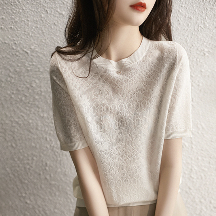 トップス レディース Tシャツ 半袖 すけ感 クルーネック ジャガード 柄 模様 エレガント きれいめ シアーTシャツ 春 夏 おしゃれ 通勤 OL 薄手 白 黒 ジョイフィール joyfeel