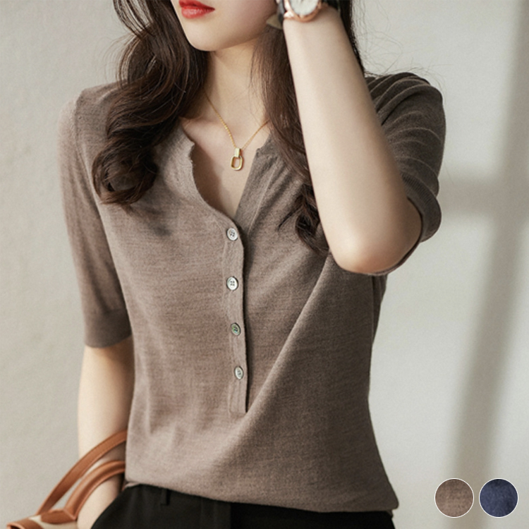 Tシャツ レディース 5分袖 春 夏 トップス 薄手 ヘンリーネック スリットネック 半袖 Vネック エレガント 大人 おしゃれ モカ ネイビー きれいめカジュアル Dazzle ダズル