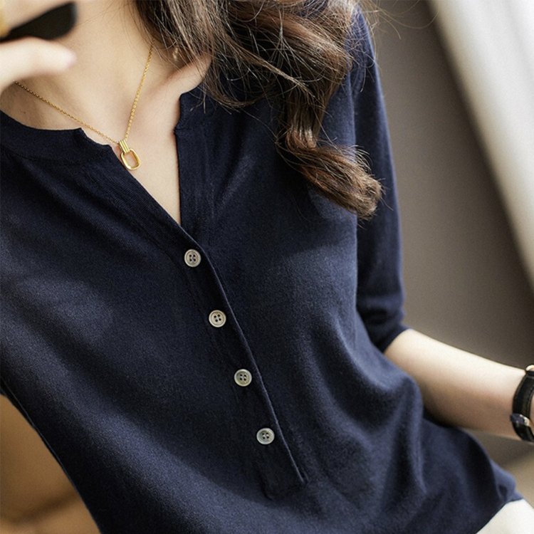 Tシャツ レディース 5分袖 春 夏 トップス 薄手 ヘンリーネック スリットネック 半袖 Vネック エレガント 大人 おしゃれ モカ ネイビー きれいめカジュアル Dazzle ダズル