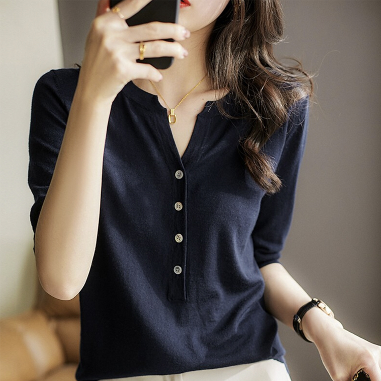 Tシャツ レディース 5分袖 春 夏 トップス 薄手 ヘンリーネック スリットネック 半袖 Vネック エレガント 大人 おしゃれ モカ ネイビー きれいめカジュアル Dazzle ダズル
