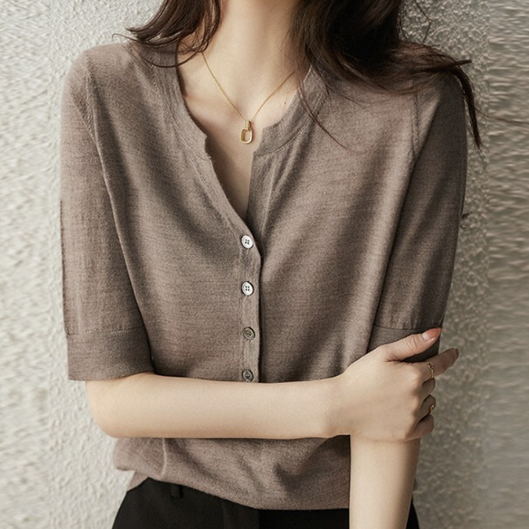 ヘンリーネック ルーズ Tシャツ 5色 半袖 トップス 韓国 cr9816 ヘンリーネック 半袖 クロップド Tシャツ | レディース