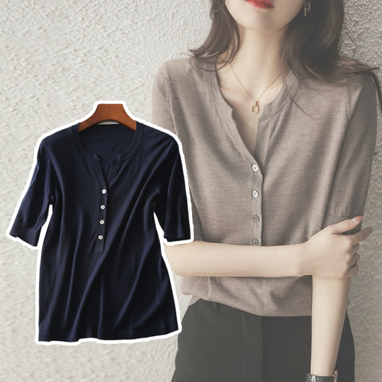 Tシャツ レディース 5分袖 春 夏 トップス 薄手 ヘンリーネック スリットネック 半袖 Vネック エレガント 大人 おしゃれ モカ ネイビー きれいめカジュアル Dazzle ダズル