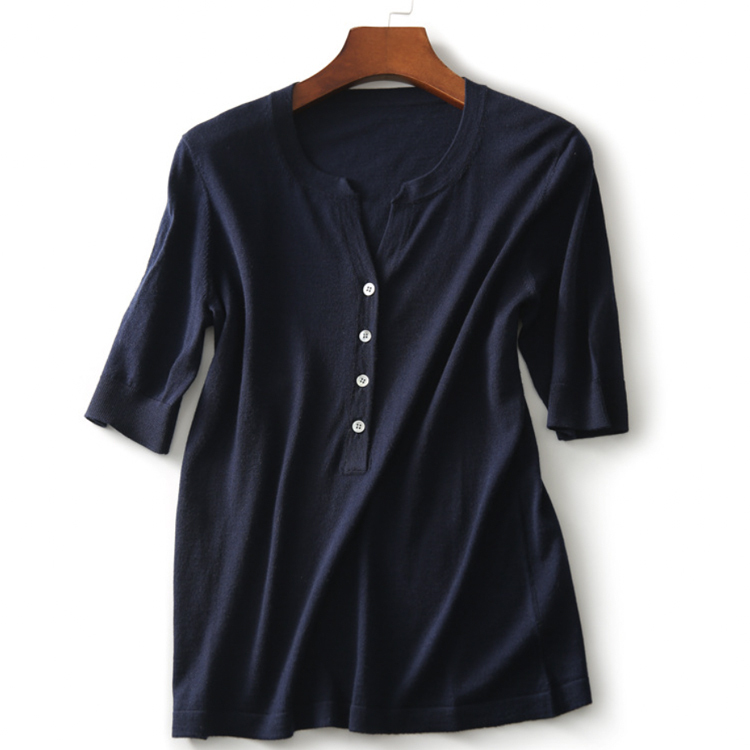 Tシャツ レディース 5分袖 春 夏 トップス 薄手 ヘンリーネック スリットネック 半袖 Vネック エレガント 大人 おしゃれ モカ ネイビー きれいめカジュアル Dazzle ダズル