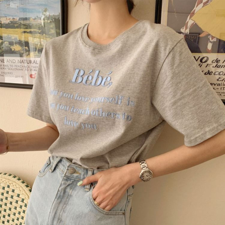 Tシャツ レディース トップス 刺繍 ロゴ アルファベット 立体刺繍 半袖 半袖Tシャツ クルーネック アルファベット刺繍 かわいい おしゃれ Dazzle ダズル