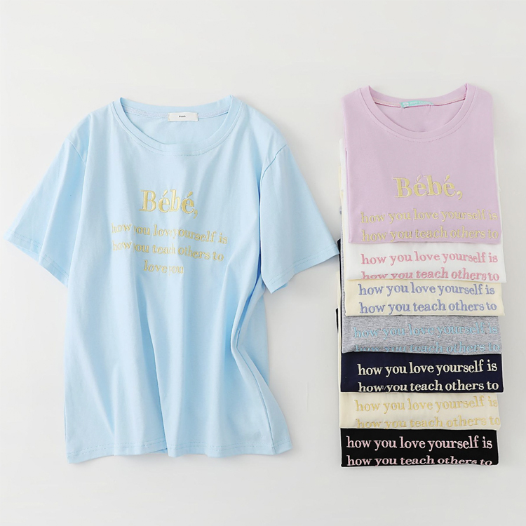 Tシャツ レディース トップス 刺繍 ロゴ アルファベット 立体刺繍 半袖 半袖Tシャツ クルーネック アルファベット刺繍 かわいい おしゃれ Dazzle ダズル