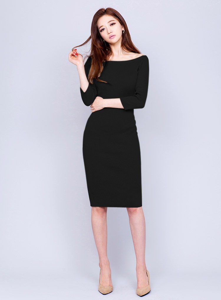 無地 ニット ロング ミモレ丈 ワンピース 膝丈 黒 ブラック 韓国 レディース Dazzle ダズル