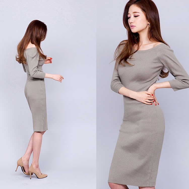 無地 ニット ロング ミモレ丈 ワンピース 膝丈 黒 ブラック 韓国 レディース Dazzle ダズル