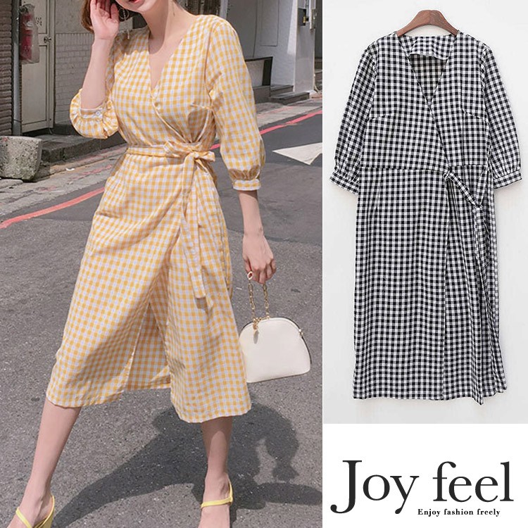 ギンガムチェック柄 膝丈 7分袖 カシュクール ワンピース