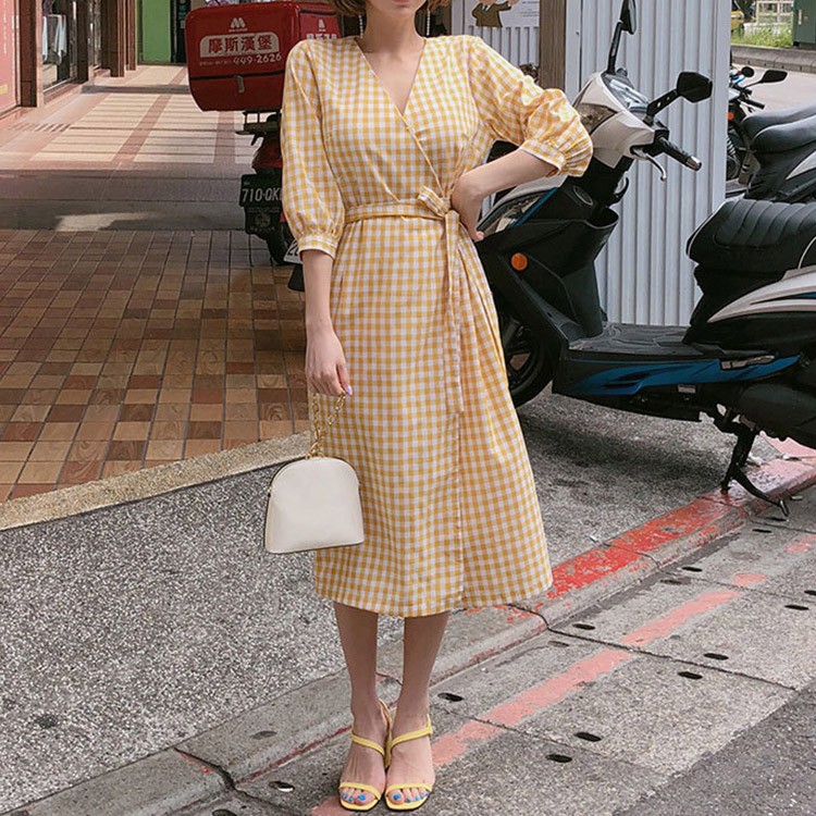 チェックワンピース ギンガムチェック 膝丈 レディース 韓国ファッション Dazzle ダズル