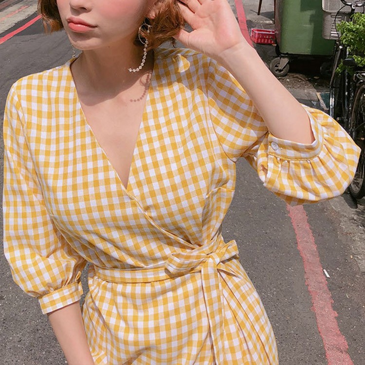 チェックワンピース ギンガムチェック 膝丈 レディース 韓国ファッション Dazzle ダズル