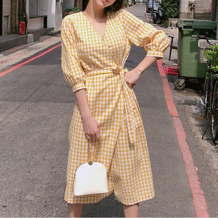 チェックワンピース ギンガムチェック 膝丈 レディース 韓国ファッション Dazzle ダズル