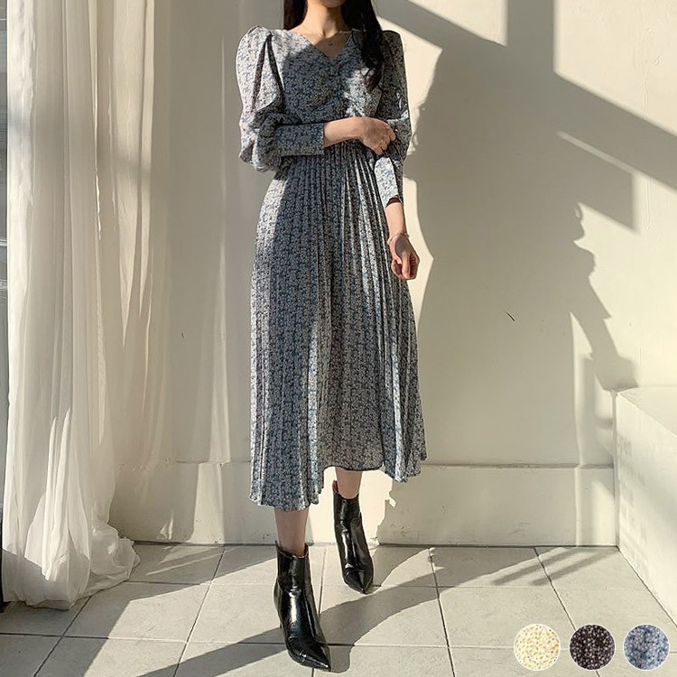 ワンピース 花柄 レディース 長袖 小花柄 Vネック ロングワンピース ミモレ丈 プリーツスカート 青 黒 イエロー 韓国 メール便送料無料 Jo Wn 3003 海外ファッション Joyfeel 通販 Yahoo ショッピング