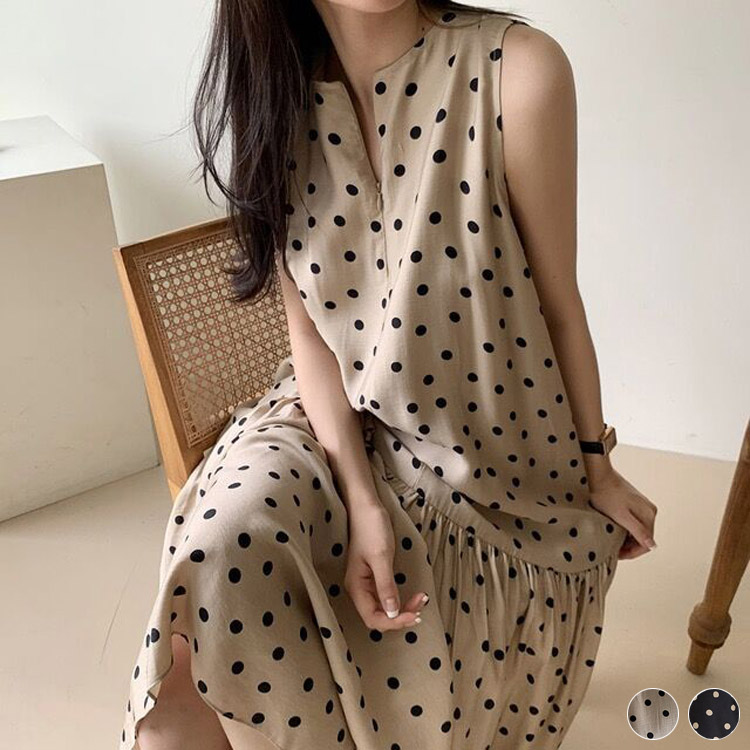 ワンピース ゆったり レディース ノースリーブ ドット柄 韓国 送料無料 ジョイフィール joyfeel