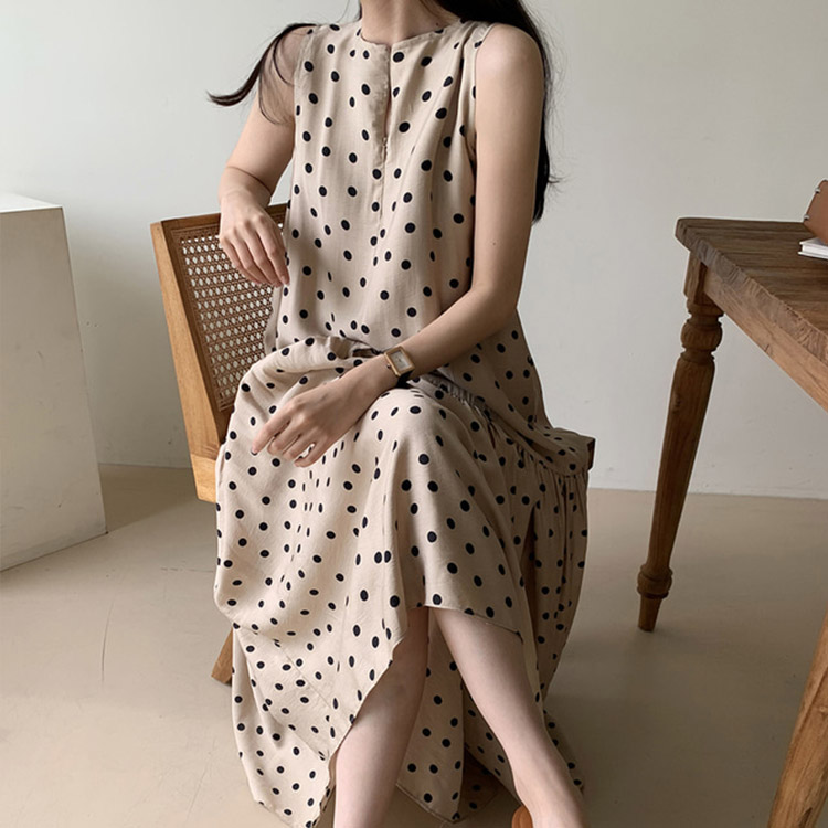 ワンピース ゆったり レディース ノースリーブ ドット柄 韓国 送料無料 ジョイフィール joyfeel
