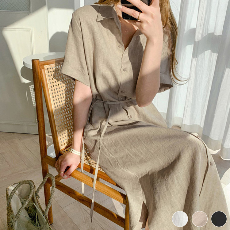 シャツワンピース 半袖 レディース ワンピース シャツ リネン 韓国 送料無料 ジョイフィール joyfeel