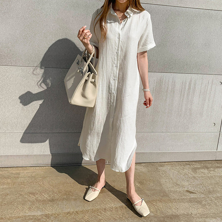 シャツワンピース 半袖 レディース ワンピース シャツ リネン 韓国 送料無料 ジョイフィール joyfeel