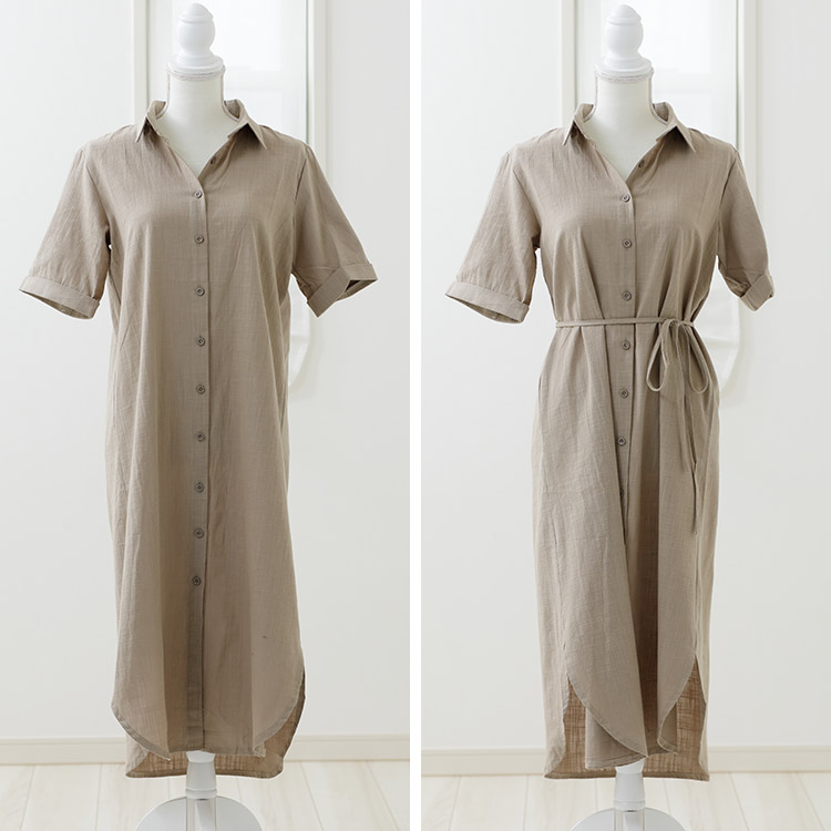 シャツワンピース 半袖 レディース ワンピース シャツ リネン 韓国 送料無料 ジョイフィール joyfeel