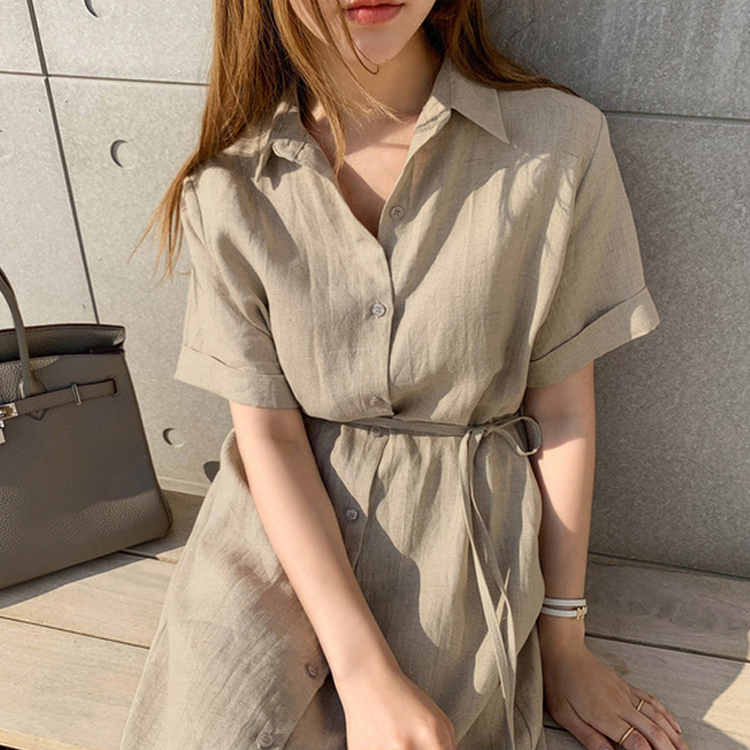 シャツワンピース 半袖 レディース ワンピース シャツ リネン 韓国 送料無料 ジョイフィール joyfeel