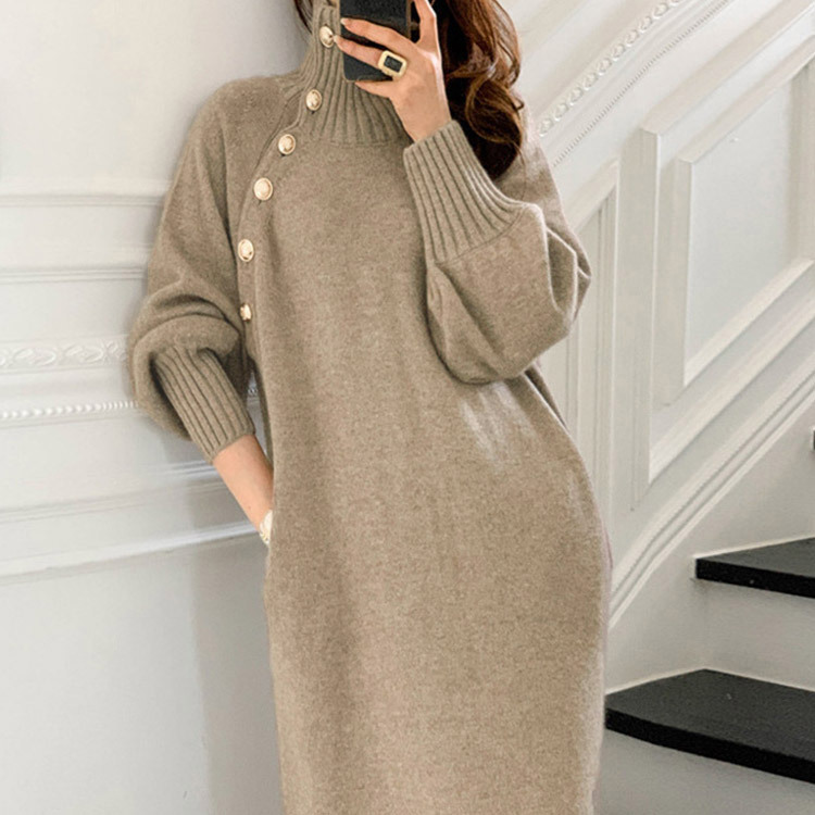 ニットワンピース レディース ワンピース ニット ハイネック ボタン 韓国 Dazzle ダズル
