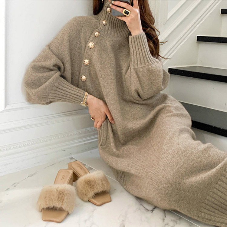 ニットワンピース レディース ワンピース ニット ハイネック ボタン 韓国 Dazzle ダズル