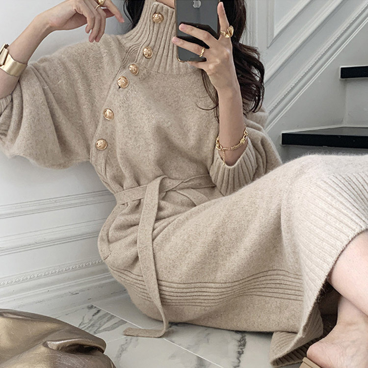 ニットワンピース レディース ワンピース ニット ハイネック ボタン 韓国 Dazzle ダズル