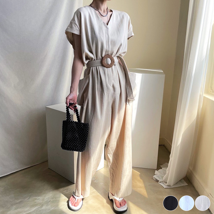 サロペット レディース 半袖 夏 オールインワン シンプル おしゃれ リネン Vネック ゆったり ジョイフィール joyfeel