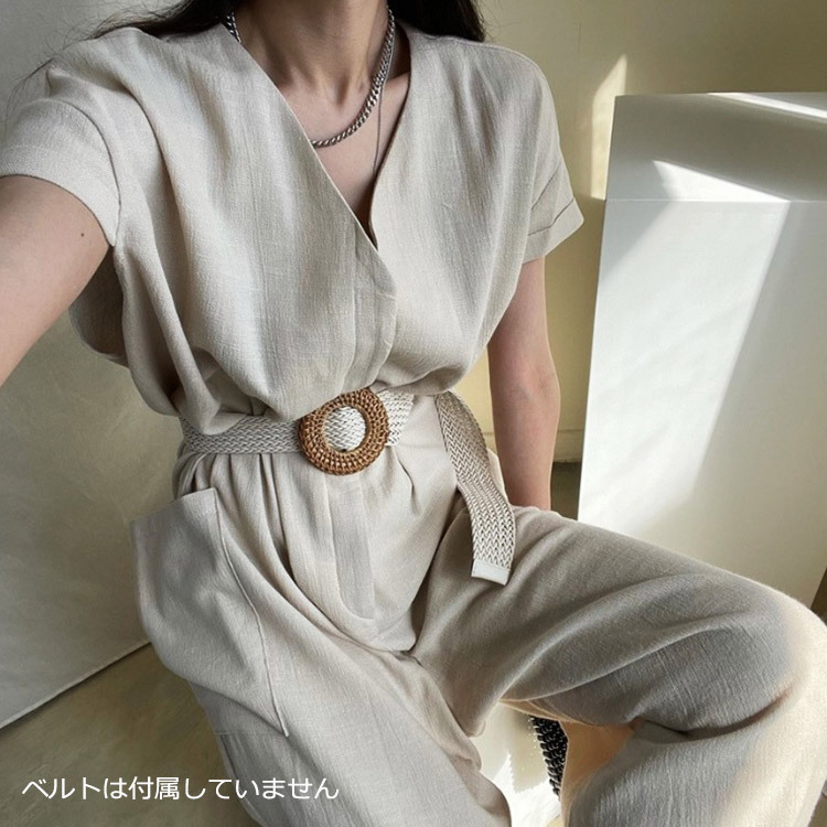 サロペット レディース 半袖 夏 オールインワン シンプル おしゃれ リネン Vネック ゆったり ジョイフィール joyfeel