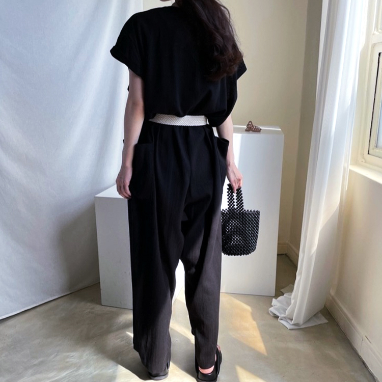 サロペット レディース 半袖 夏 オールインワン シンプル おしゃれ リネン Vネック ゆったり ジョイフィール joyfeel