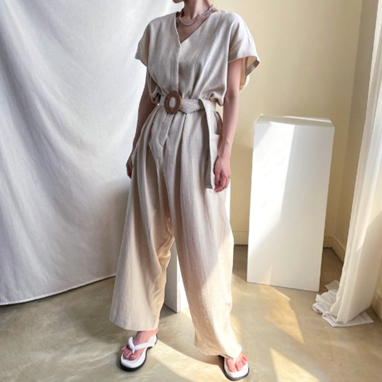 サロペット レディース 半袖 夏 オールインワン シンプル おしゃれ リネン Vネック ゆったり ジョイフィール joyfeel