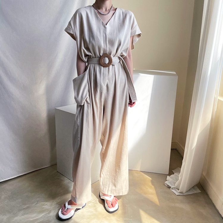 サロペット レディース 半袖 夏 オールインワン シンプル おしゃれ リネン Vネック ゆったり ジョイフィール joyfeel
