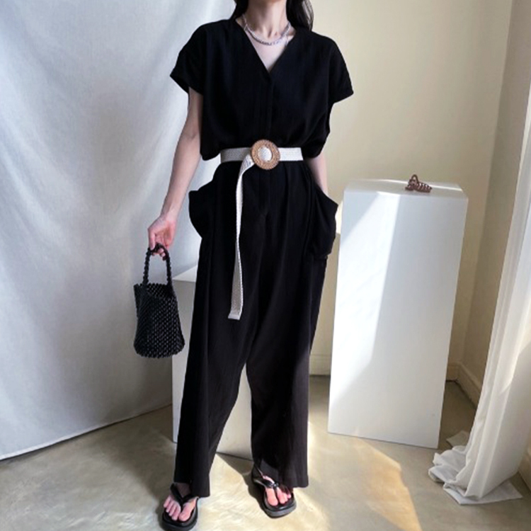 サロペット レディース 半袖 夏 オールインワン シンプル おしゃれ リネン Vネック ゆったり ジョイフィール joyfeel
