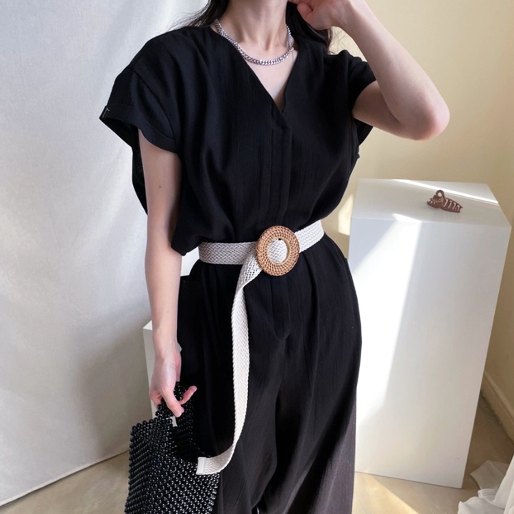 サロペット レディース 半袖 夏 オールインワン シンプル おしゃれ リネン Vネック ゆったり ジョイフィール joyfeel