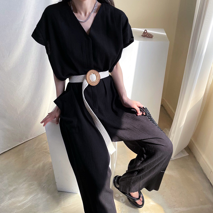 サロペット レディース 半袖 夏 オールインワン シンプル おしゃれ リネン Vネック ゆったり ジョイフィール joyfeel