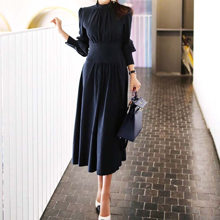 ワンピース レディース エレガント ネイビー 紺 Aライン 長袖 ロング ロングワンピース ミモレ丈 パーティー モックネック シンプル Dazzle ダズル