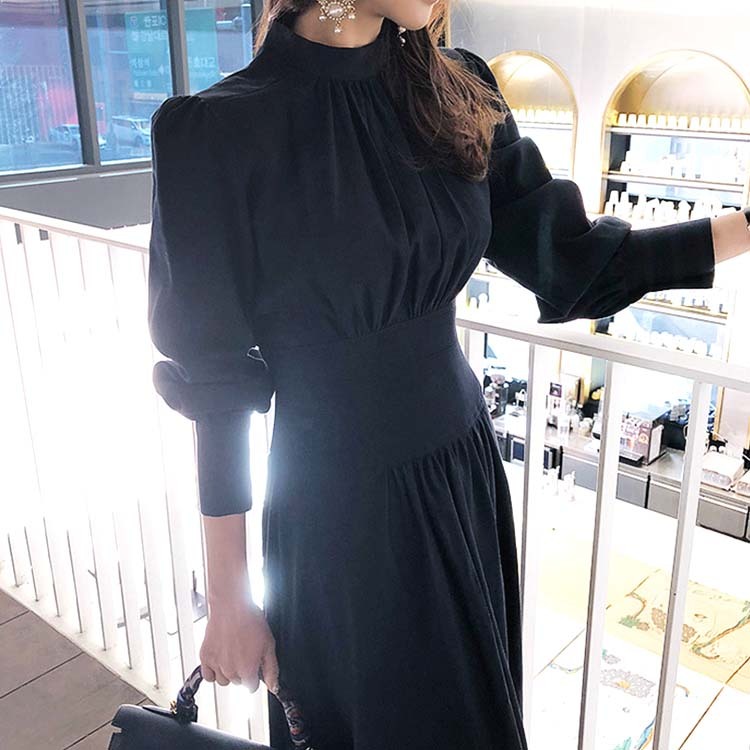 ワンピース レディース エレガント ネイビー 紺 Aライン 長袖 ロング ロングワンピース ミモレ丈 パーティー モックネック シンプル Dazzle ダズル