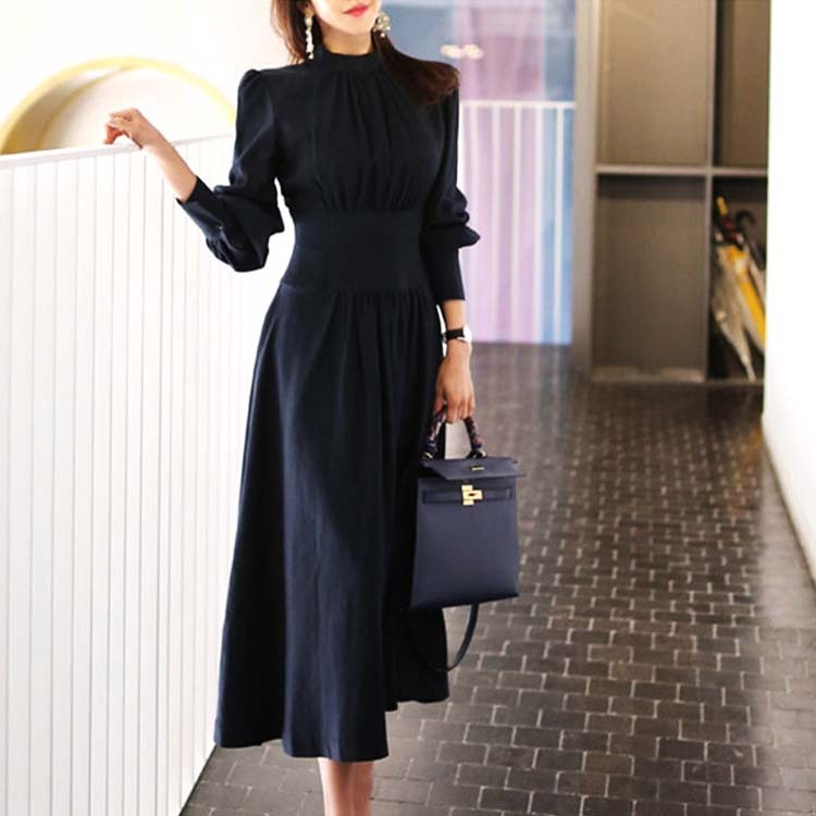 ワンピース レディース エレガント ネイビー 紺 Aライン 長袖 ロング ロングワンピース ミモレ丈 パーティー モックネック シンプル Dazzle ダズル