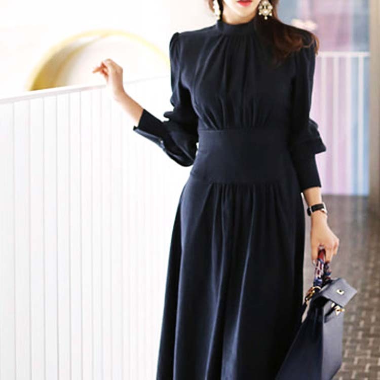 ワンピース レディース エレガント ネイビー 紺 Aライン 長袖 ロング ロングワンピース ミモレ丈 パーティー モックネック シンプル Dazzle ダズル