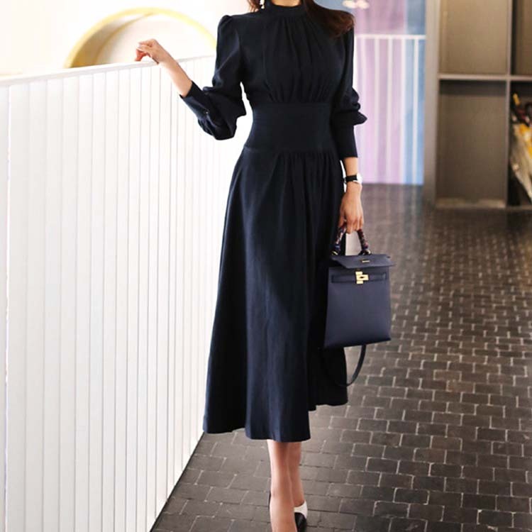 ワンピース レディース エレガント ネイビー 紺 Aライン 長袖 ロング ロングワンピース ミモレ丈 パーティー モックネック シンプル Dazzle ダズル